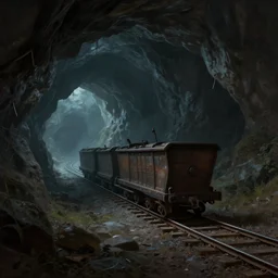 inside a dark cave with minecart rails, a fantasy digital painting by, greg rutkowski and james gurney, trending on artstation, highly detailed