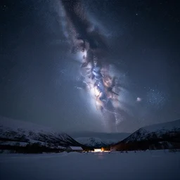 a 3 5 mm photograph of the milky way during a starry night over a norway landscape in the winter full of snow