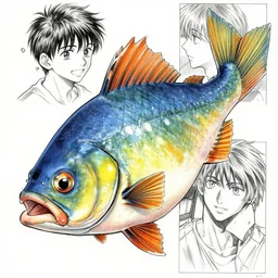 funky fresh fish, manga fantasy illustration by tomoyuki yamasaki, shonen jump, hakushensha, shogakutan, akita shoten, detailed manga sketch lightings