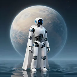 a robot wearing a white cloak standing in the water. a large planet is overhead. an album cover by stanley twardowicz, trending on cg society, retrofuturism, retrowave, chillwave, synthwave