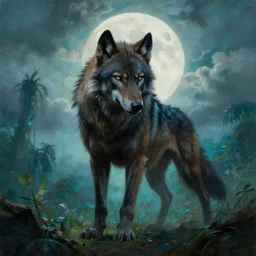 by frazetta , panoramic close up of realistic werewolf , epic pose , full body backlight ,top light ,full body portrait ,highly textured oil painting ,jungle ,cyan graveyard  with backlight from the moon ,foggy background ,with  dramatic sky ,clouds and giant oversized moon and storm