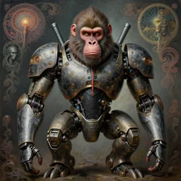 highly detailed painting of a robotic baboon mecha, painting by gaston bussiere, craig mullins, j. c. leyendecker, lights, art by ernst haeckel, john william godward, hammershøi, alex grey, dmt, symmetric, masterpiece details, hyper - detailed, hd, hdr, 4 k, 8 k