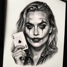 tattoo design sketch of beautiful margot robbie with faded joker makeup and holding an ace card, in the style of den yakovlev, realistic face, black and white, realism tattoo, hyper realistic, highly detailed