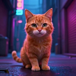 cyberpunk ginger cat in the alley, neon lighting, rendered in unreal engine, trending on artstation