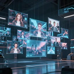 cinematic shot cyberspace of creativity, very large floating holographic videos, hyper realistic, mood lighting, fantasy, detailed happy people creating colorful diverse art, highly detailed, super realistic, perfect lighting pixel sorting, style sheet