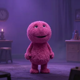 still of an episode of barney, in a dim purple lit room, foggy, beautiful, melancholy, trending on artstation