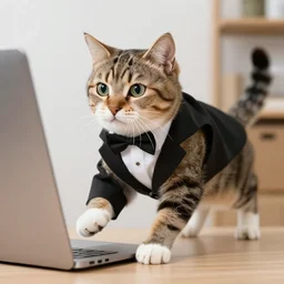 a cat wearing tuxedo in a hurry to get to work