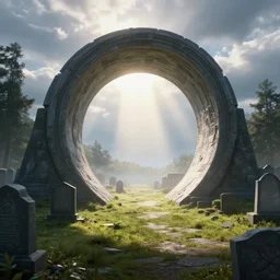 photograph of a scifi portal portal to bright heaven in a graveyard graveyard, cinematic, tyndall effect, sunlight, god rays, hypermaximalist, detailed, landscape 4k, 8k, breathtaking stars, surrealism, distant, concept art, digital art, sharp focus, mystic hues, acid pixie, RTX, octane render, Trending on DeviantArt