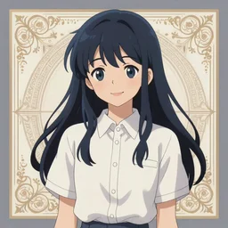 urban school girl in shirt fanart, dark blue long hair, muted colors, matte print, pastel colors, ornate, digital art, cute smile, digital painting, fan art, elegant, pixiv, by Ilya Kuvshinov, by Studio Ghibli