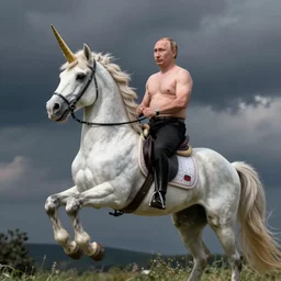 Vladimir Putin rides a unicorn, shirtless, octane render