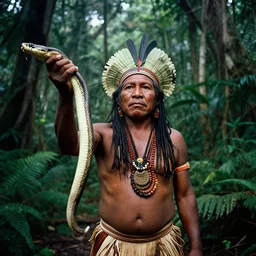 Portrait of an Amazon indigenous tribe leader holding up a massive snake in the middle of an ominous jungle, 1970s photography