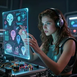 beauty young space woman creating in a hologram with alien artifacts, electrical case display, 80s Aliens tech, ultrarealistic, dramatic lighting, electrical details, high details, 4k, 8k, best, accurate, trending on artstation, artstation, photorealism, ultrarealistic, digital painting, style of Peter Mohrbacher and Boris Vallejo and Wayne barlowe