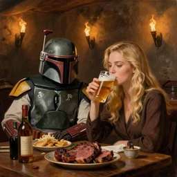 ((Boba Fett)) and a beautiful young blonde drinking beer in a wine cellar, food, meat, schnapps, torches on the wall, romantic, inviting, cozy, painting by Vladimir Volegov