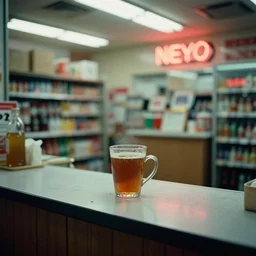 a cup of tea on the counter, inside of a 1970s convenience store, neon lights, dirty, ektachrome photograph, volumetric lighting, f8 aperture, cinematic Eastman 5384 film