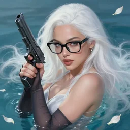 a beautiful + dragon's queen + white hair + cool black glasses + holding pistol + tights + ana de armas + dream water, beautiful smooth soft light + white petal, oil paint, cinematic lighting, octane render, unreal engine 5, closeup, 4 k, highly detailed, instagram,