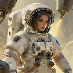 psychoslayer, woman astronaut, intricate abstract. being entered by machine, portrait, highly detailed, deep focus, elegant, golden hour, elegant, highly detailed, digital painting, artstation, concept art, smooth, sharp focus, illustration, art by by irakli nadar, amano yoshitaka, jakub rebelka, vincent di fate, rule of thirds, seductive look, beautiful