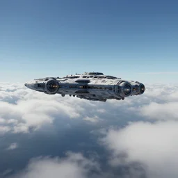 an alien ship hovers over a thick sea of clouds, with blue sky above, sci-fi concept art, unreal engine 3d