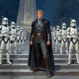 anakin at the steps of the jedi temple with the clone army, oil paint, concept art, art station, highly detailed, nighttime