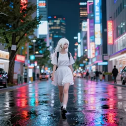 white haired girl walking in a vibrant flooded tokyo at night, neon lights lots of trees,, volumetric lighting, ambient lighting, cinematic, subtle, vibrant colors anime illustration by studio ghibli