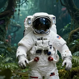 a nasa astronaut on an alien jungle planet.