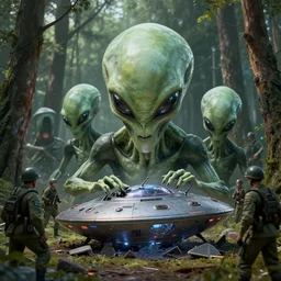 aliens ufo crushed in the forest surrounded by russian soldiers, cyberpunk, masterpiece. rendered in blender, ultra realistic, smooth shading, ultra detailed, high resolution, cinematic, unreal 6, perfect face, cyberpunk, fine details, studio lighting, subtle shadows, art by katsuya terada, photorealism, hyper realism, octane render, hyper detailed, canon eos r 3, f / 1. 4, iso 2 0 0, 1 / 1 6 0 s, medium shot, 8 k, raw, unedited, in - frame,