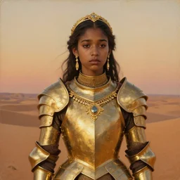 a young sad dejah thoris on mars wearing detailed plate armor made of gold, portrait, after a battle, big gold jewelry, elegant small tiara, sand dunes to the horizon, fantasy, smooth, 4 k, sunset, oil painting on canvas by sargent and alphonse mucha, milo manara