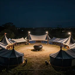 cinematic wide shot of a circus in a field at night with large black and white tents in a circle with a large cauldron in the middle, 4 k