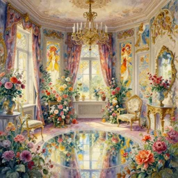 a beautifull intricate watercolour painting of a victorian room with many flowers, reflexions, verry high details by william turner art, greg rutkowski and alphonse mucha, trending on artstation, very very detailed, masterpiece, wide lens, dreamy intense colours