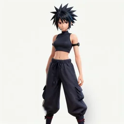 athletic female ninja with spiky anime hair wearing a croptop and baggy pants, hiding in the rooftops, green color scheme, realistic 4k, highly detailed, art by Tim Hildebrandt and Greg Hildebrandt