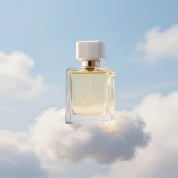 airy bright perfume bottle floating on a cloud in the sky, covered in whispy clouds, with dreamy light blue sky and clouds in the background, softly - lit, soft - warm, zen, light, modern minimalist f 2 0 clean