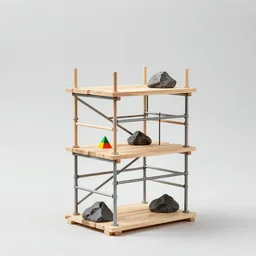 small scaffolding sculpture made with, woods, steel and metal, rock details, bright construction materials, photorealistic, studio lighting, product photography, high octane, higly detailed, minimalist, made with unreal engine, inspired by yves tanguy, by nate boyce, by david smith, sony a 6 3 0 0, 5 0 mm fe f / 1. 8