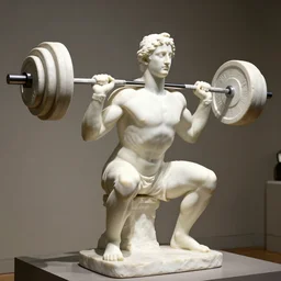 white muscular marble statue doing squats, barbell, heavy weights, museum, portrait lighting
