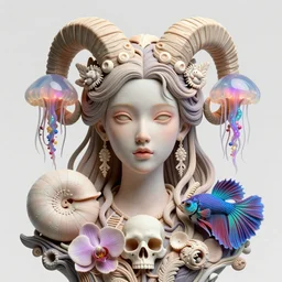 goddess princess beautiful face close-up portrait ram skull plasticine sculpture. jellyfish phoenix head, nautilus, orchid, skull, betta fish, bioluminiscent creatures, intricate artwork by Tooth Wu and wlop and beeple. octane render, trending on artstation, greg rutkowski very coherent symmetrical artwork. cinematic, hyper realism, high detail, octane render, 8k