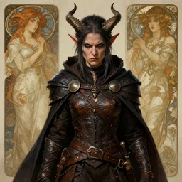 masterpiece portrait of a surly and resentful female tiefling thief with small horns clothed in ragged leather armor and a cloak, angry expression, by Greg Rutkowski and John Collier and Krenz Cushart and Artem Demura and Alphonse Mucha and Albert Aublet, as seen on ArtStation, 4k, dungeons and dragons, very aesthetic, very detailed, intricate, unreal, fantasy, dramatic, painterly, artstation, sharp focus, smooth