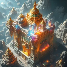 ancient indian metropolis, highly detailed crystal and gemstone relics, gold relics, digital painting, solid cube of light, hard edges, artstation, sharp focus, illustration, 8 k highly detailed aerial view