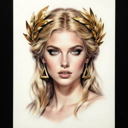 tattoo sketch of beautiful super model aphrodite greek goddess wearing a gold laurel wreath and triangle earrings,, beautiful piercing gaze with sharp pupils, beautiful blonde hair, in the style of greg rutkowski, fantasy, amazing detail, epic, elegant, smooth, sharp focus, front view
