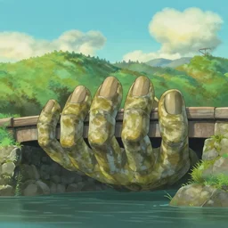 a stone bridge sustained by giant stone hands, in the style of studio ghibli