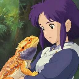 beautiful illustration of a bearded dragon looking up lovingly at a young french woman with purple hair. animation frame from the studio ghibli film by miyazaki.