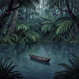lonely boat floating on a river in the jungle, ferns, birds. digital drawing, ultra detailed, cool color palette, wes anderson, amelie poulain, tim burton, tomm moore, guido crepax
