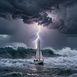 A tiny sailboat moving towards a huge scary storm, large waves, lighting strikes, dramatic lighting, postprocessing, professional photography, DSLR, HDR, 4K