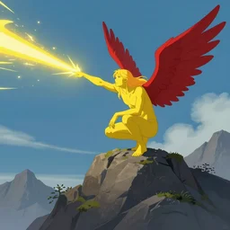 a thin yellow god with red wings and long hair crouches on a mountain peak looking down shooting a beam of energy from an outstretched arm, trending on artstation, digital art ( by jesper ejsing ) ( by clint cearley ) ( by raluca marinescu )