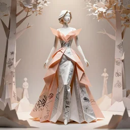 sculpture of a beautiful young female super model resembling ivy winters made out of origami paper and ceramic wearing a peach tissue paper and silver geometric gown by marc jacobs, paper graffiti, trees made out of origami, ethereal, fantasy, lawrence alma tadema, james jean, oozium, peter morbacher, angelarium, alchemy, luxury, heavenly light, soft illumination, cinematic lighting, very detailed, 3 d octane render, artgerm, trending on artstation, cgi society
