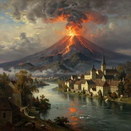 a riverside medieval town, massive river, beautiful, high contrast, morning, albert bierstadt! dream a beautiful painting of a volcano oozing lava, pyroclastic clouds forming by albert bierstadt