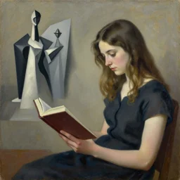 a girl reading a book, surreal by dan mumford and umberto boccioni, oil on canvas