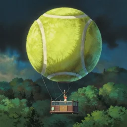 A tennis court suspended in the air by a giant tennis ball-shaped hot air balloon, Castle in the Sky style, by Miyazaki Hayao