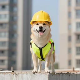 dog wearing a construction vest and a yellow construction hat while standing on top of a building