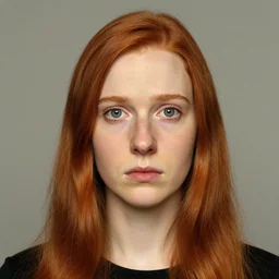 a portrait of a young woman straight red hair big nose and big sad eyes green / gray eyes by norman rockwell