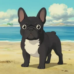 black french bulldog in the beach, studio ghibli