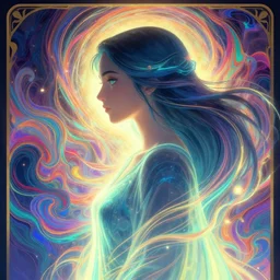 side portrait, maya ali, wind sorcerer, gloomhaven, soft, smooth, luminescent, art nouveau tarot, backlit glow, colorful swirly ripples, gaudy colors, by hitomi kisugi, martine johanna, simon stalenhag, chie yoshii, casey weldon, wlop, ilya kuvshinov, cushart krenz