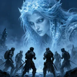 picture of giant female ice revenant, looking down to a party of five adventurers, highly detailed, detailed face, smooth, sharp focus, high fantasy, horror, chiaroscuro, blue monochromatic, digital painting, artgerm and greg rutkowski and alphonse mucha